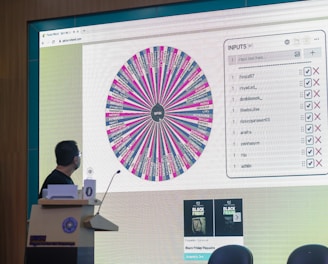 A person stands in front of a large screen displaying a colorful digital wheel with names. The screen shows a web interface with options for inputs, featuring a list of names with checkboxes on one side and a large, vibrant spinning wheel on the other. The environment appears to be indoors, possibly in a conference or presentation setting with a podium.