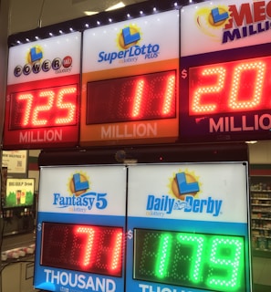 A signboard inside a convenience store displays the current jackpot amounts for various lottery games. There are bright, illuminated numbers in red and green showing the prize amounts: Powerball is at 725 million, Super Lotto Plus at 11 million, Mega Millions at 205 million, Fantasy 5 at 71 thousand, and Daily Derby at 179. In the background, shelves with various drinks and products are visible, along with promotional posters.